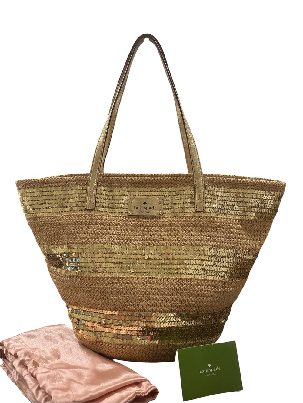 kate spade Gold Sequin Straw gold leather trim